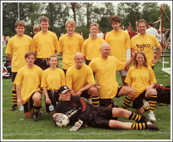 The Swedish team, with Schmeichel (front) in typical pose clutching the ball