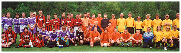 The four teams line up at the end of World Cup 96: Molenberg in Mauve, England in red, Holland in orange, and Sweden in yellow 